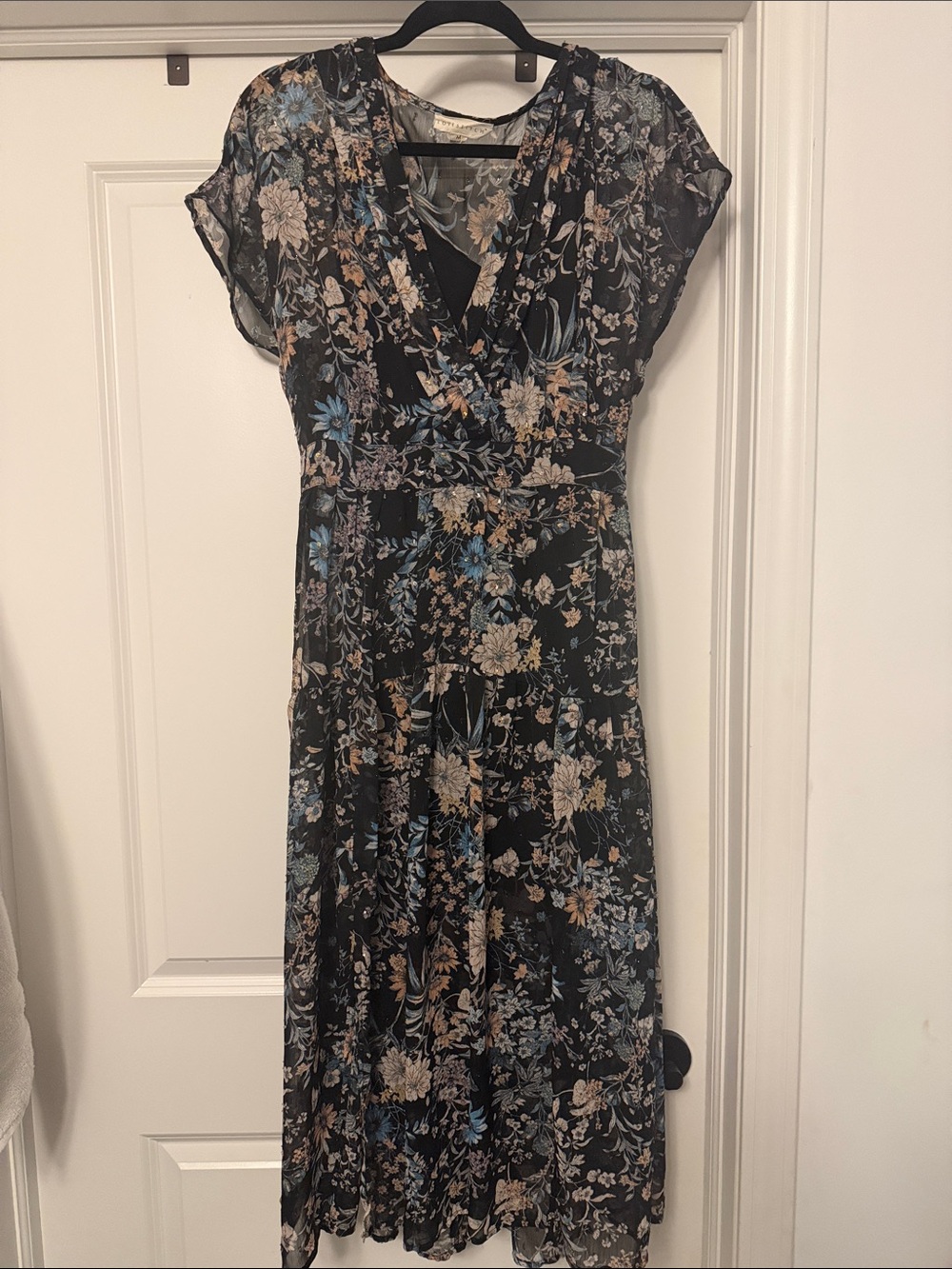 Lovestich Black Floral Midi Dress with Blue & Cream Blooms